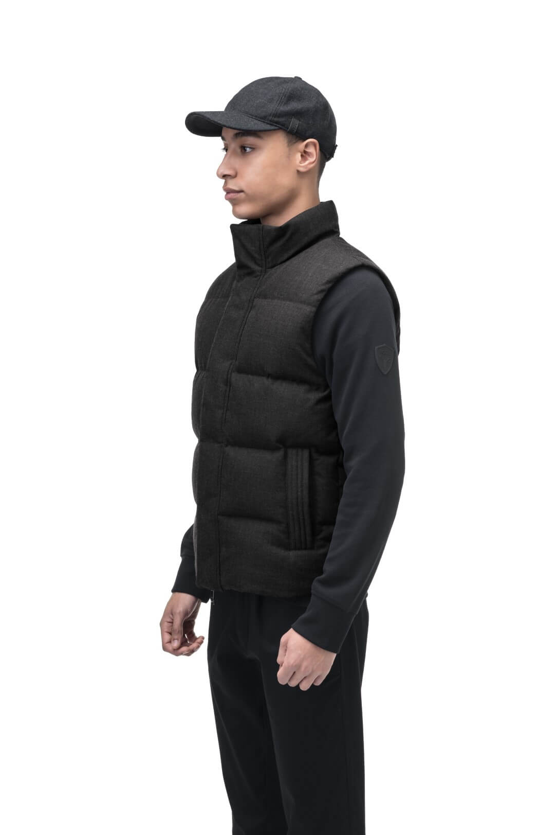 Vale Men's Quilted Vest in hip length, Canadian duck down insulation, and two-way zipper, in H. Black