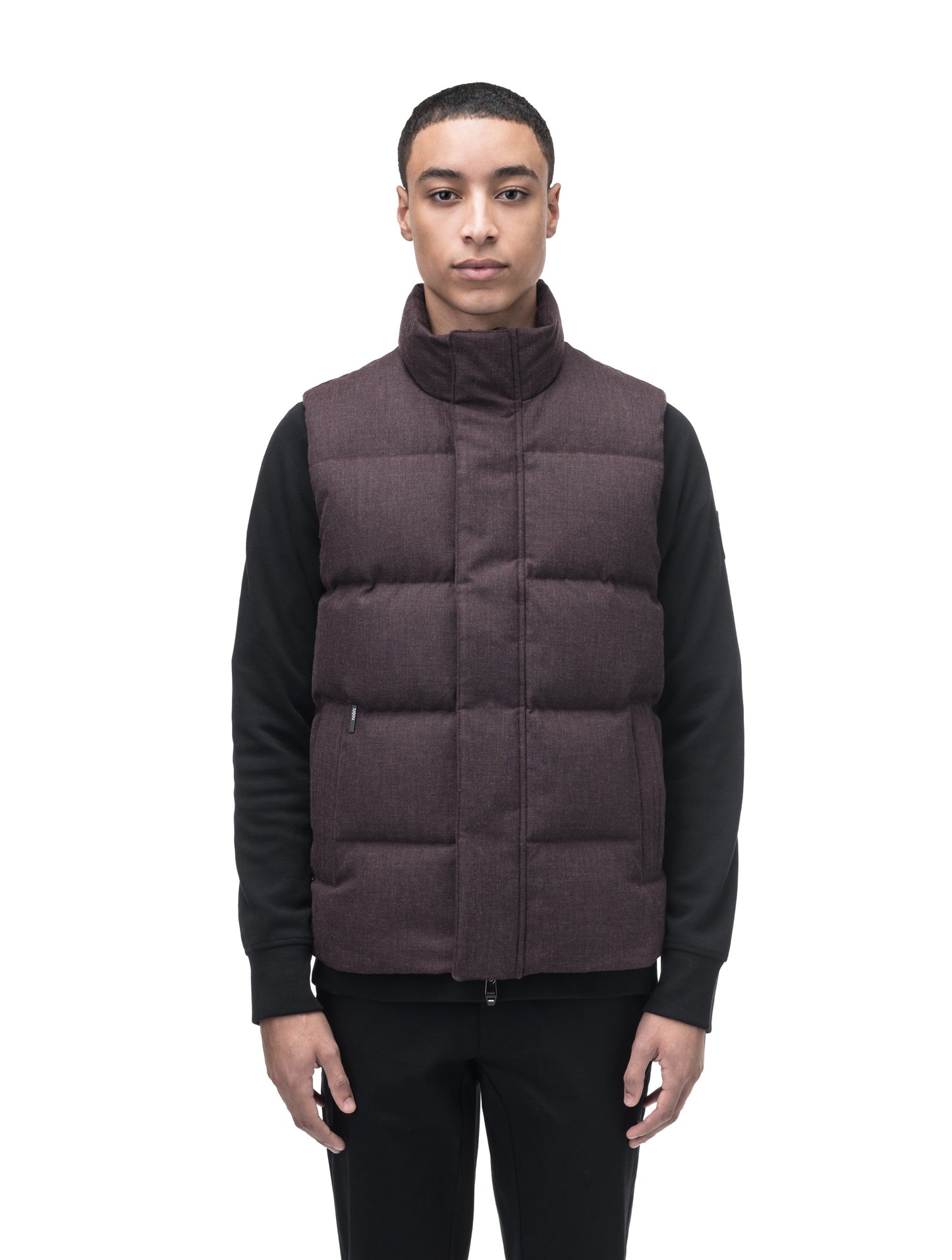 Vale Men's Quilted Vest in hip length, Canadian duck down insulation, and two-way zipper, in H. Burgundy