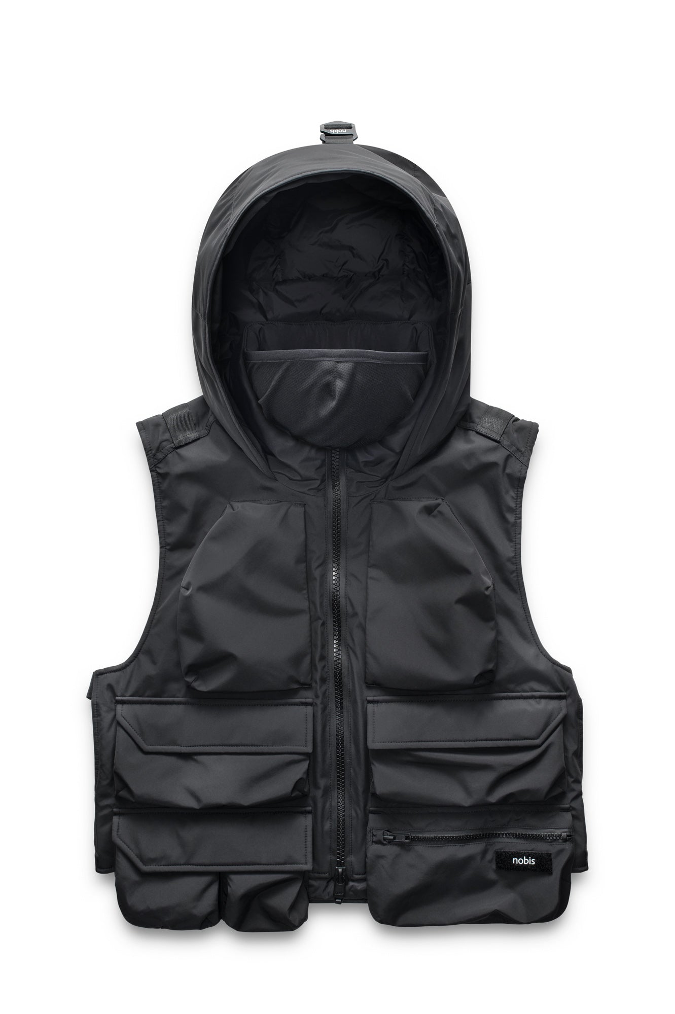 Vulcan Unisex Tactical Vest in waist length, Primaloft Gold Insulation Active, non-removable hood, removable face mask, seven pockets on front and back, and two-way front zipper, in Black