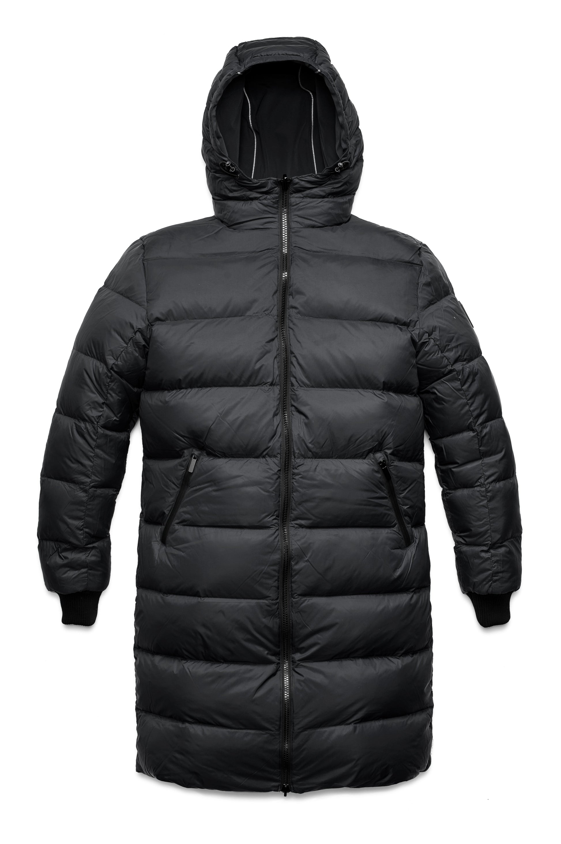 Men's knee length reversible down-filled parka with non-removable hood in Black