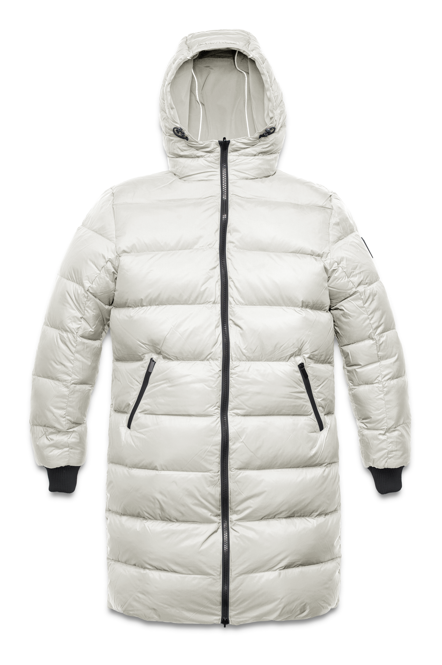 Men's knee length reversible down-filled parka with non-removable hood in Chalk