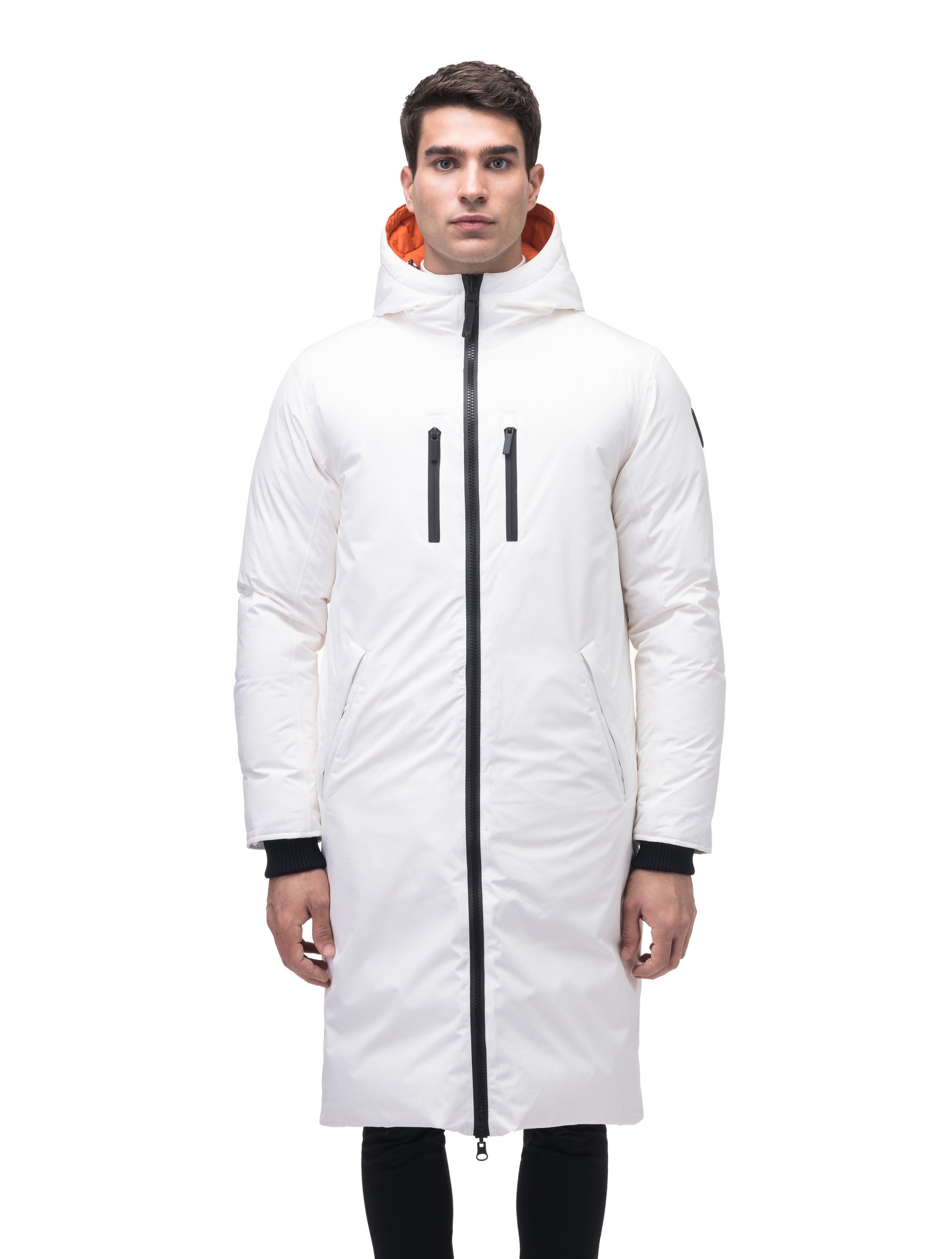 Men's knee length reversible down-filled parka with non-removable hood in Chalk/Atomic