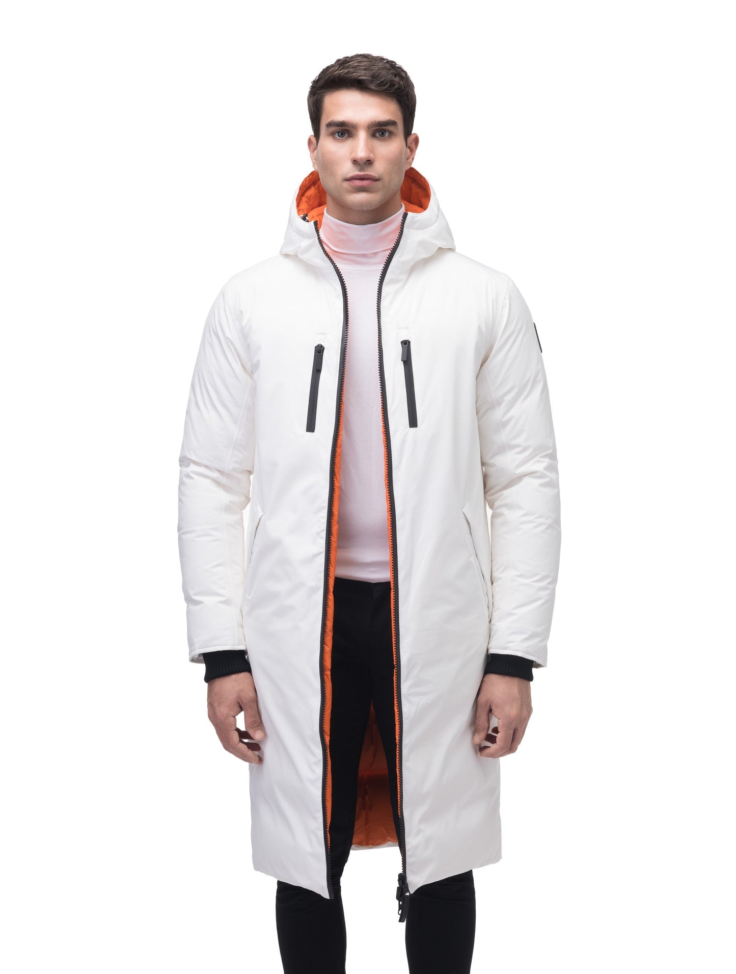 Men's knee length reversible down-filled parka with non-removable hood in Chalk/Atomic