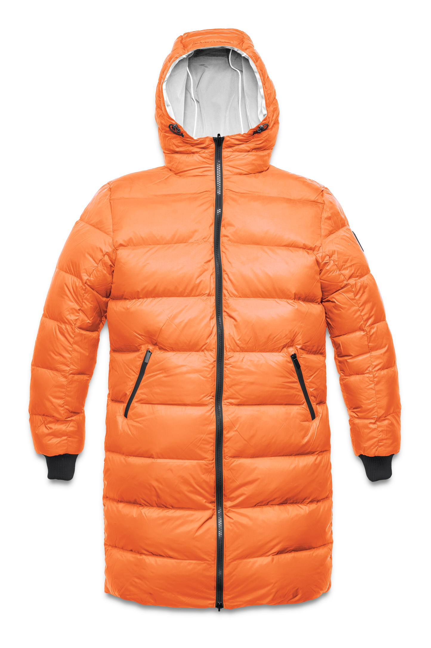 Men's knee length reversible down-filled parka with non-removable hood in Chalk/Atomic