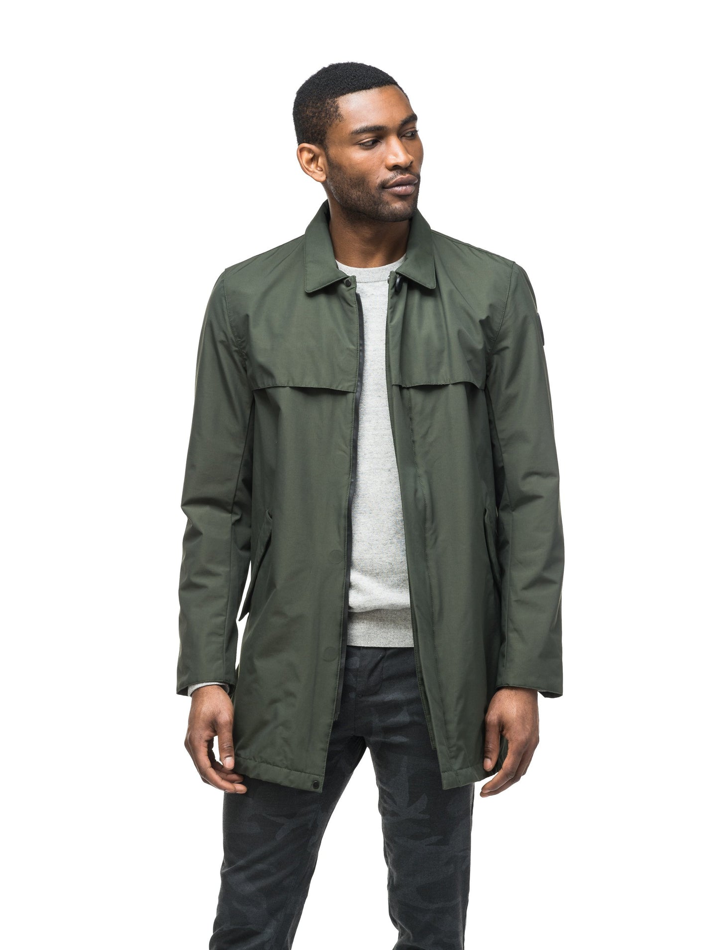 Men's waist length raincoat with a magnetic placket and top button detail in Dk Forest