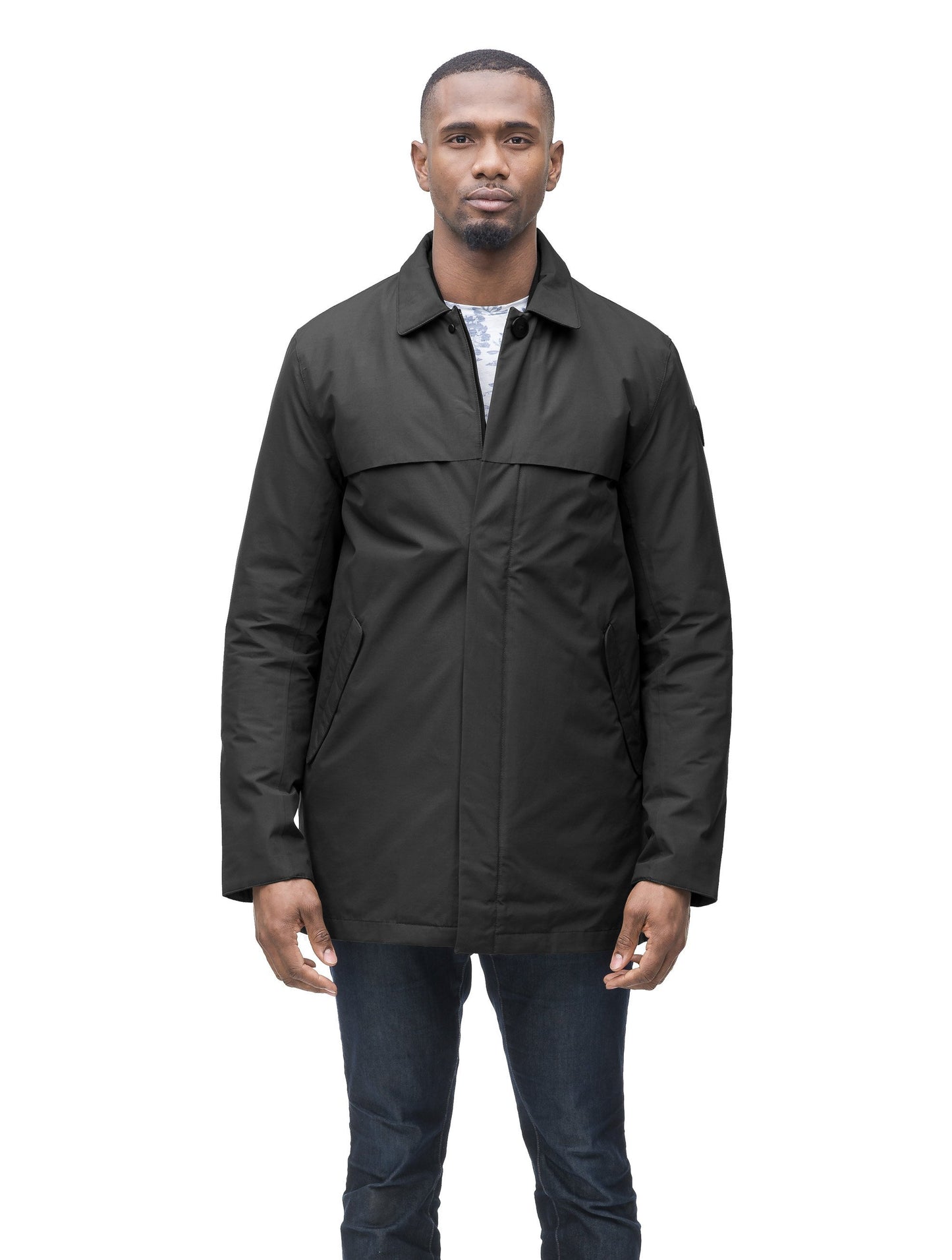 Men's waist length raincoat with a magnetic placket and top button detail in Black