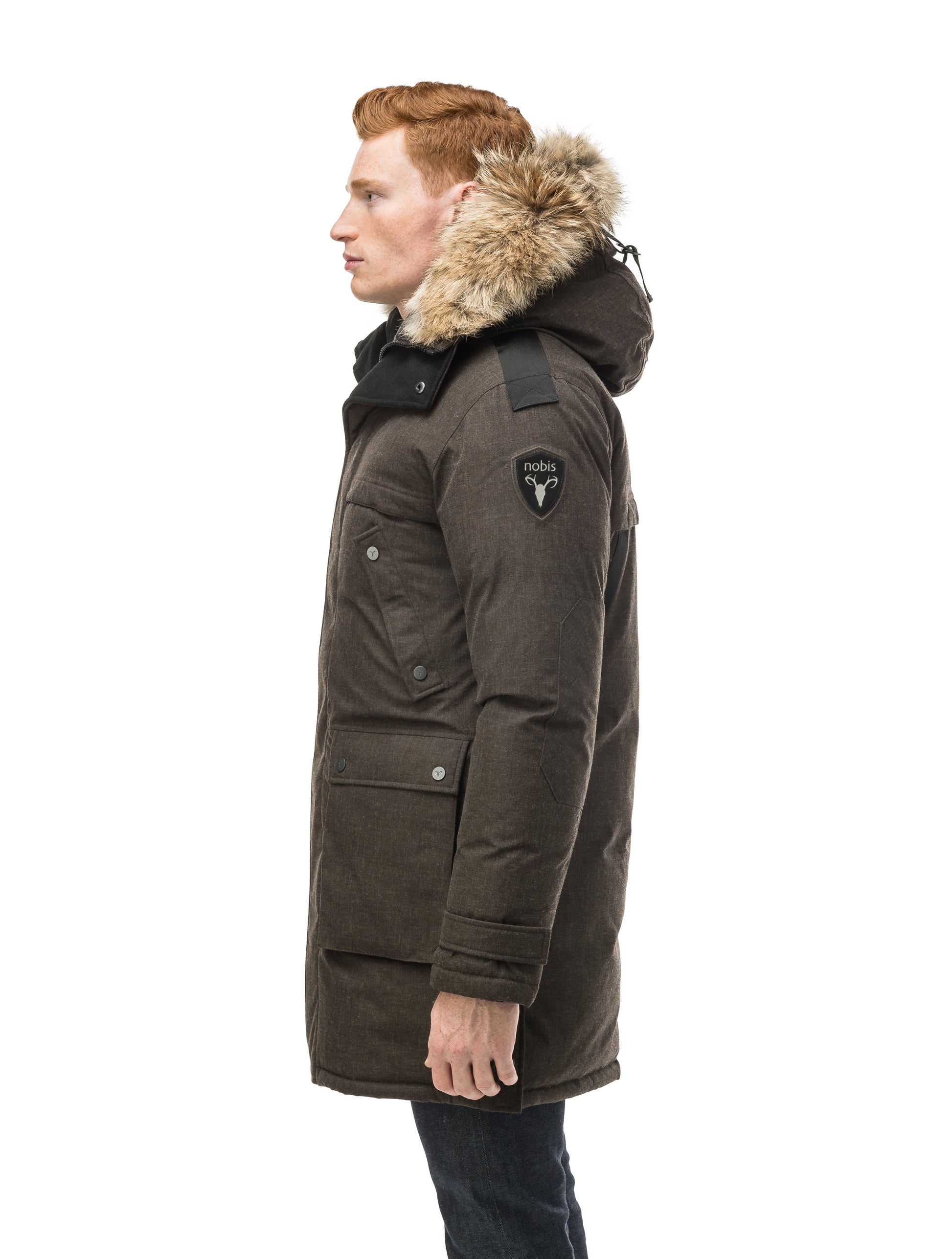 Men's Best Selling Parka the Yatesy is a down filled jacket with a zipper closure and magnetic placket in H. Brown