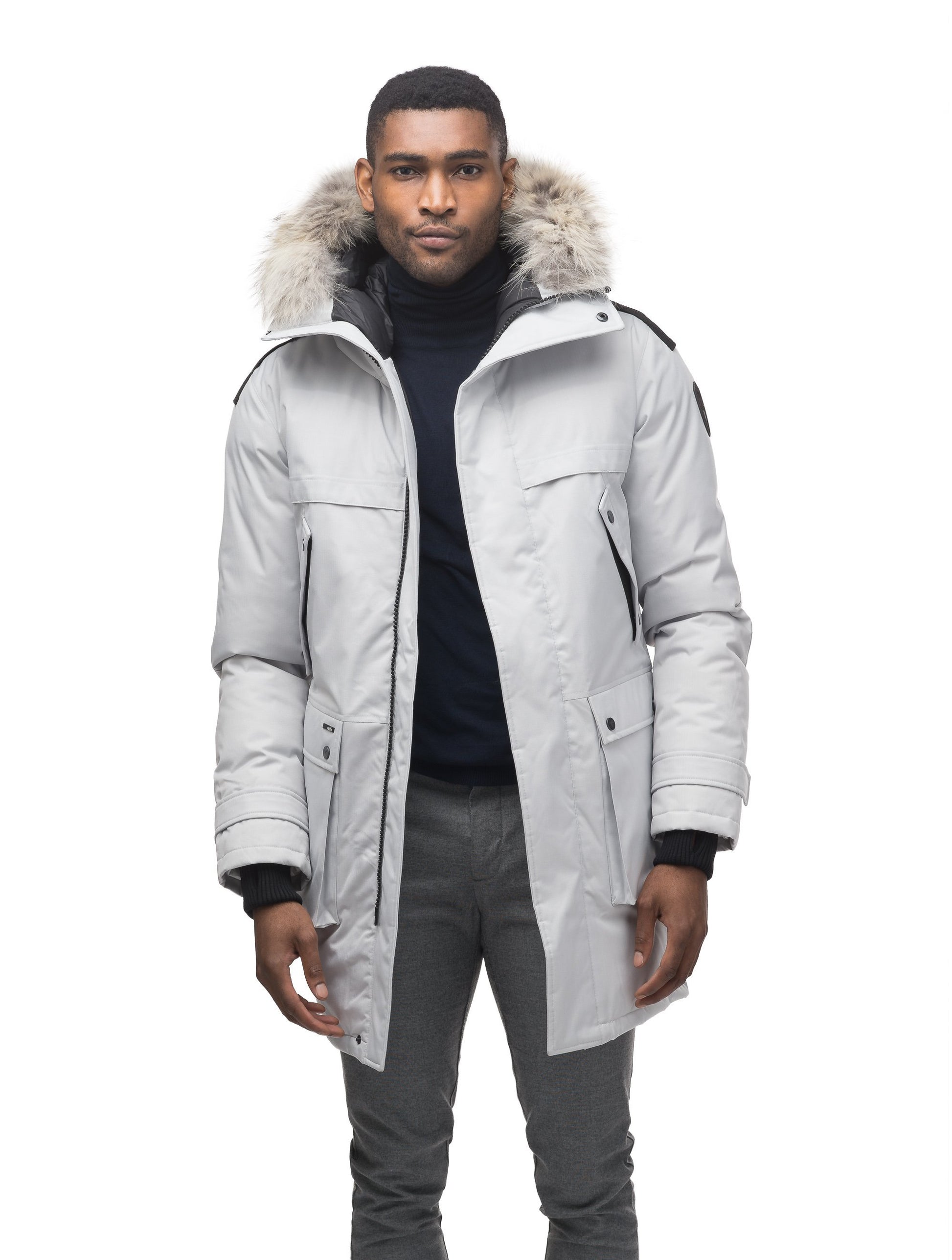 Men's Best Selling Parka the Yatesy is a down filled jacket with a zipper closure and magnetic placket in CH Light Grey