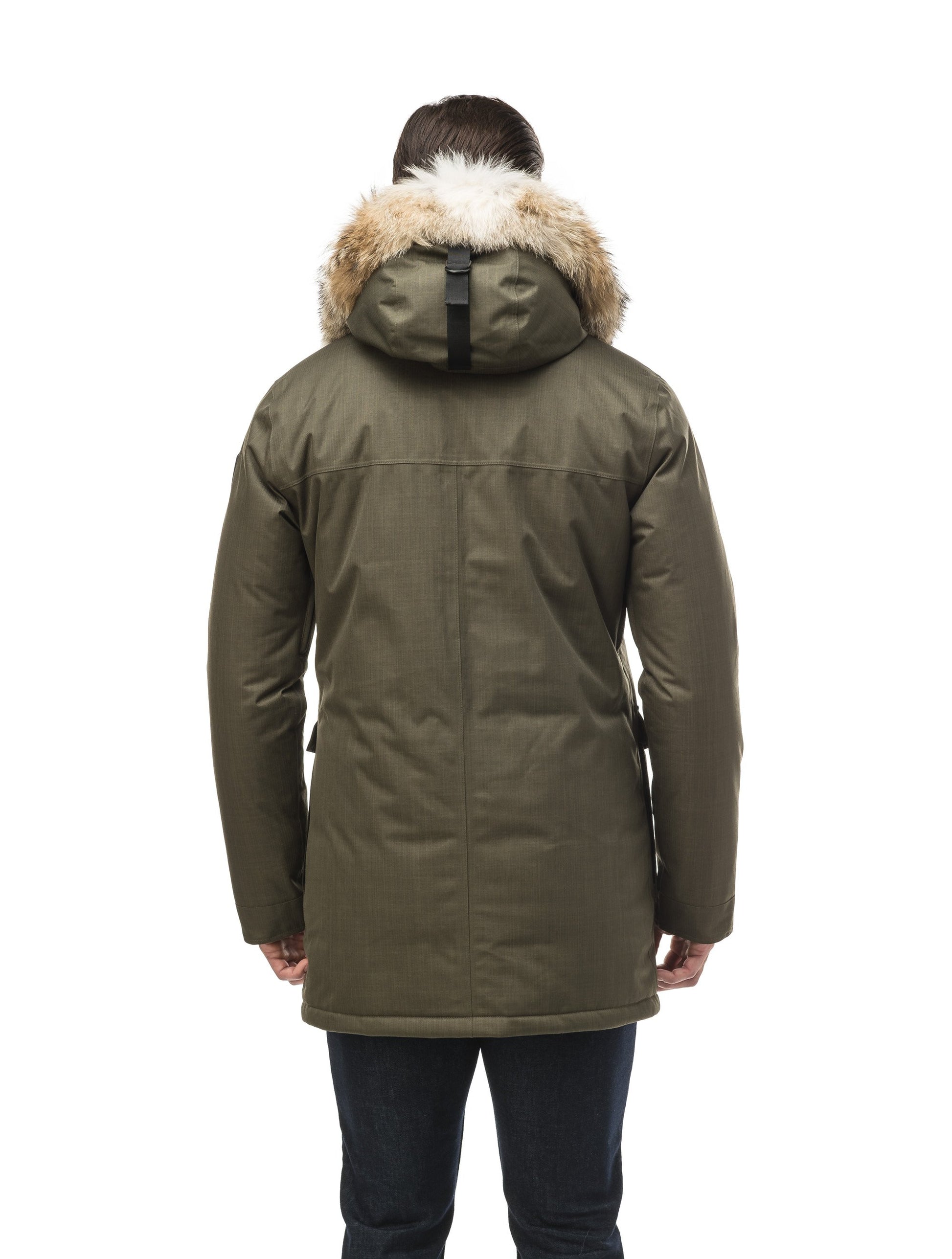 Men's slim fitting waist length parka with removable fur trim on the hood and two waist patch pockets in CH Army Green