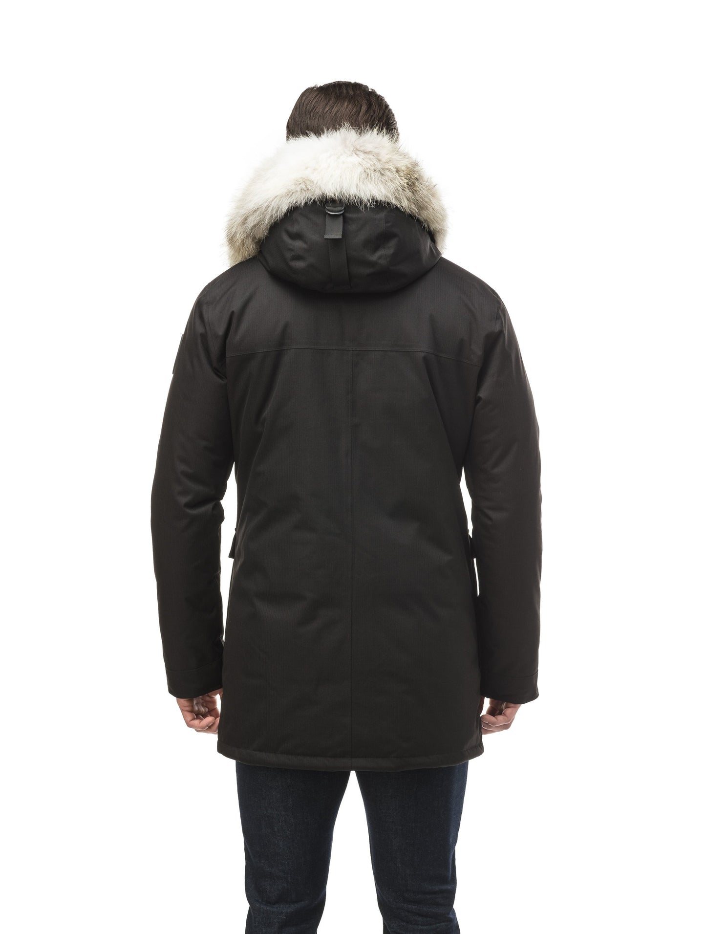 Men's slim fitting waist length parka with removable fur trim on the hood and two waist patch pockets in CH Black