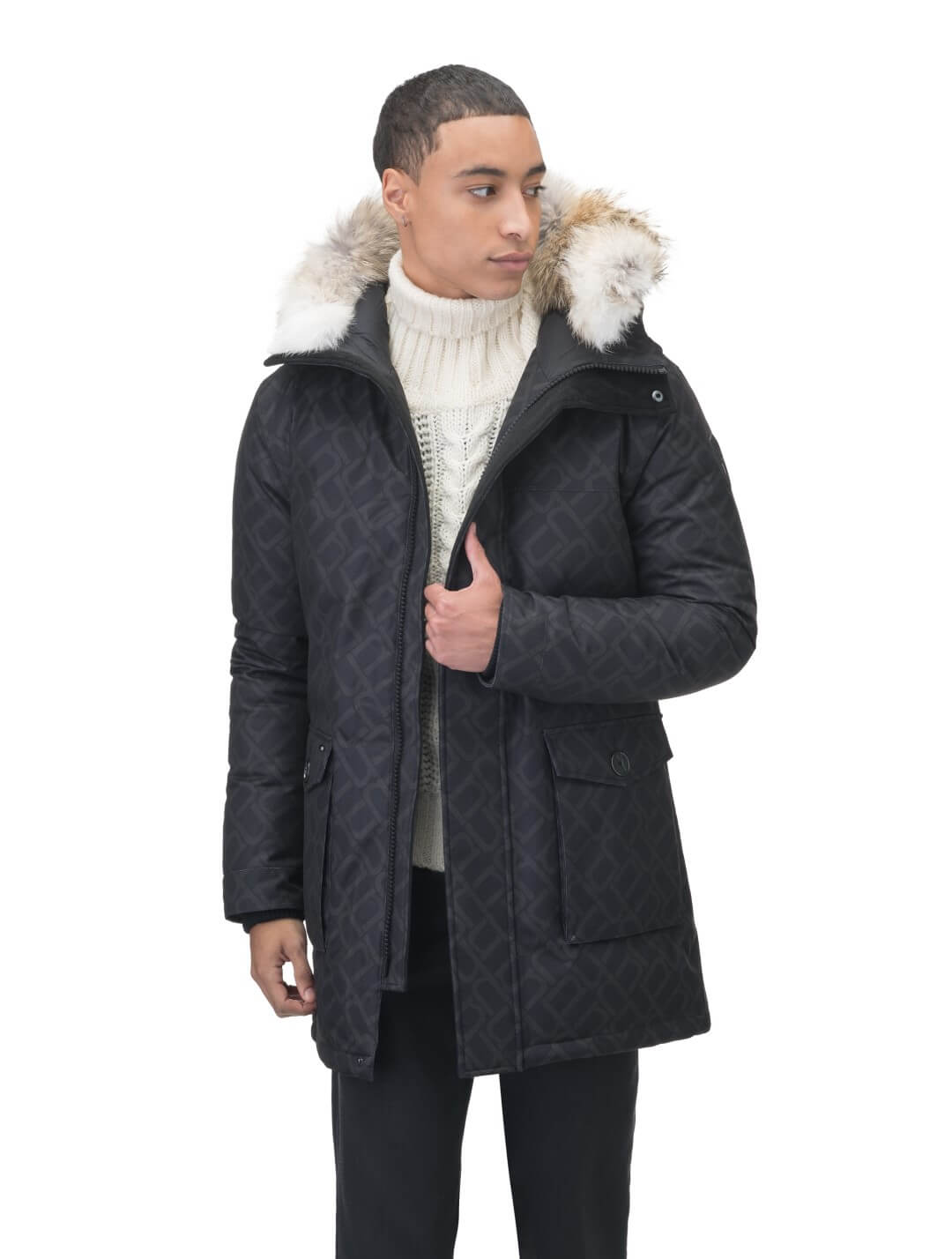 Men's slim fitting waist length parka with removable fur trim on the hood and two waist patch pockets in Dark Monogram