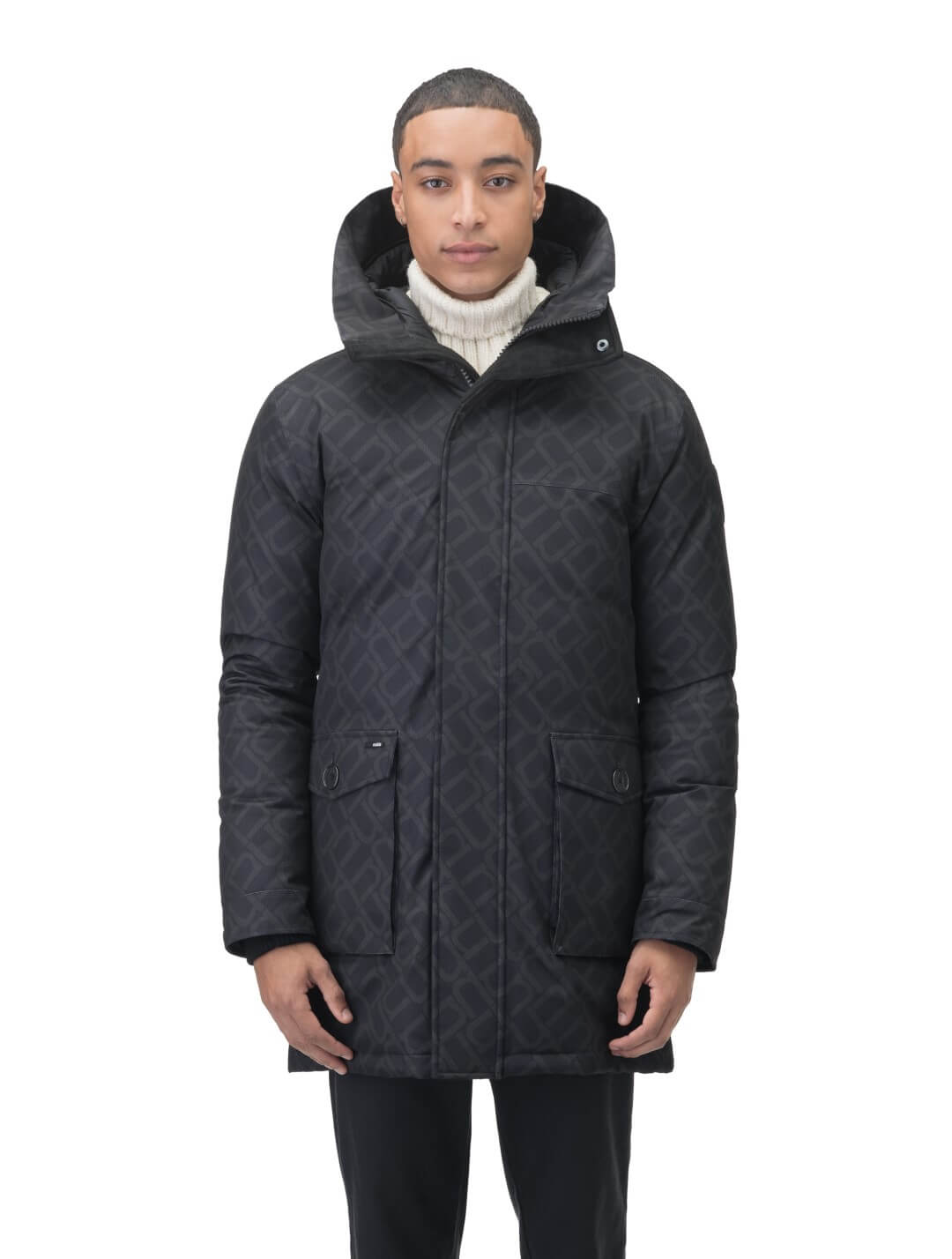 Men's slim fitting waist length parka with removable fur trim on the hood and two waist patch pockets in Dark Monogram