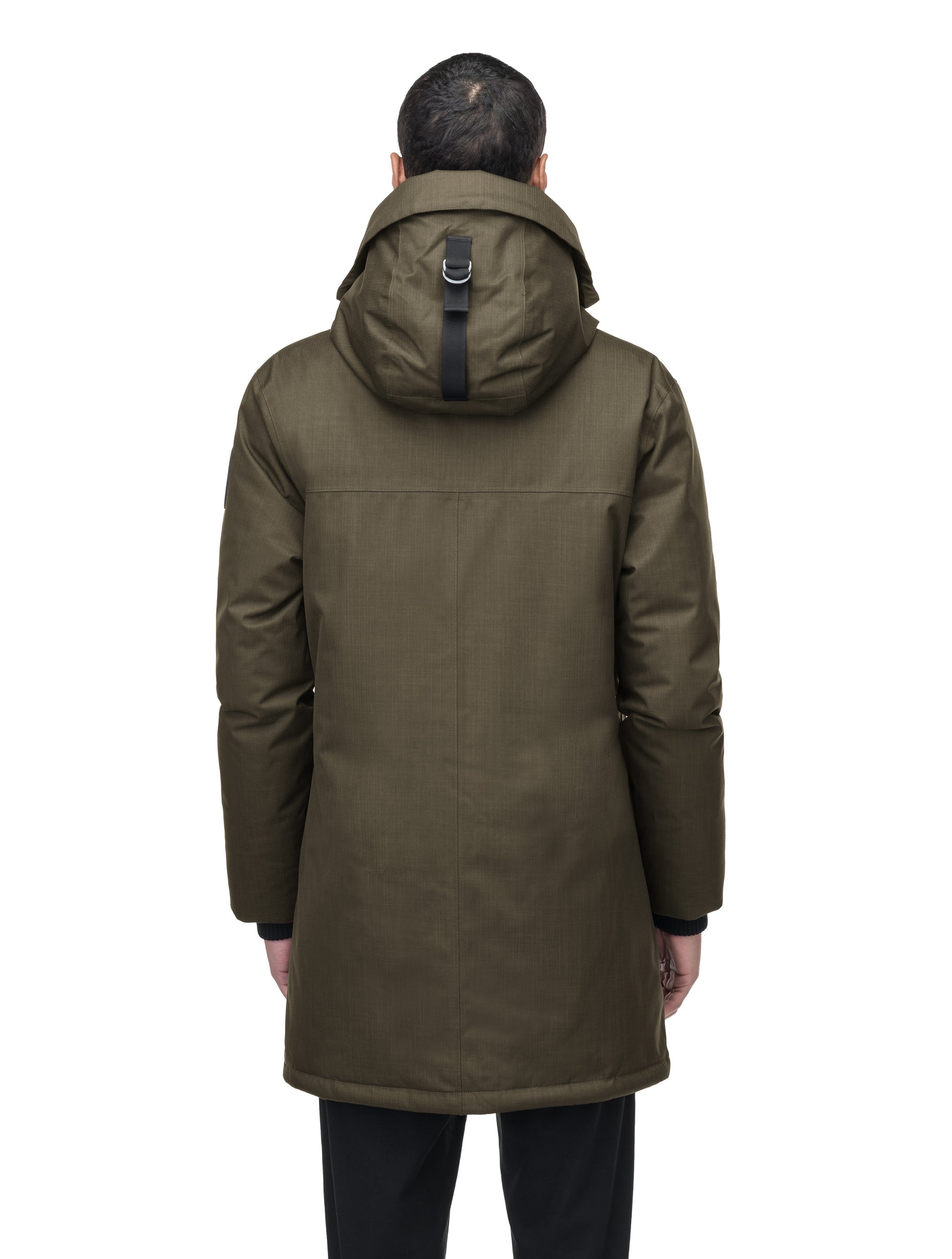 Yves Furless Men's Parka in thigh length, Canadian white duck down insulation, non-removable down-filled hood, flap pockets at waist, centre-front two-way zipper with magnetic wind flap, and elastic ribbed cuffs, in CH Fatigue