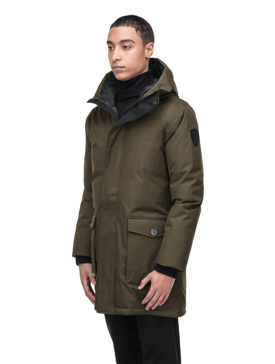 Men's slim fitting waist length parka with removable fur trim on the hood and two waist patch pockets in CH Fatigue