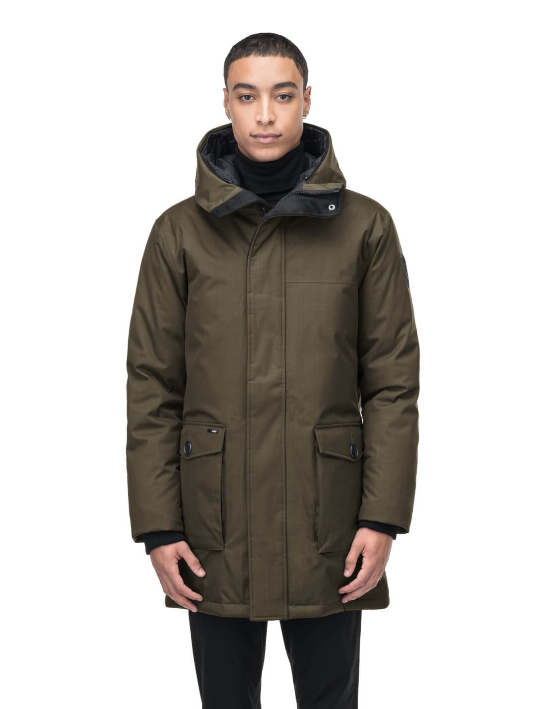 Men's slim fitting waist length parka with removable fur trim on the hood and two waist patch pockets in CH Fatigue