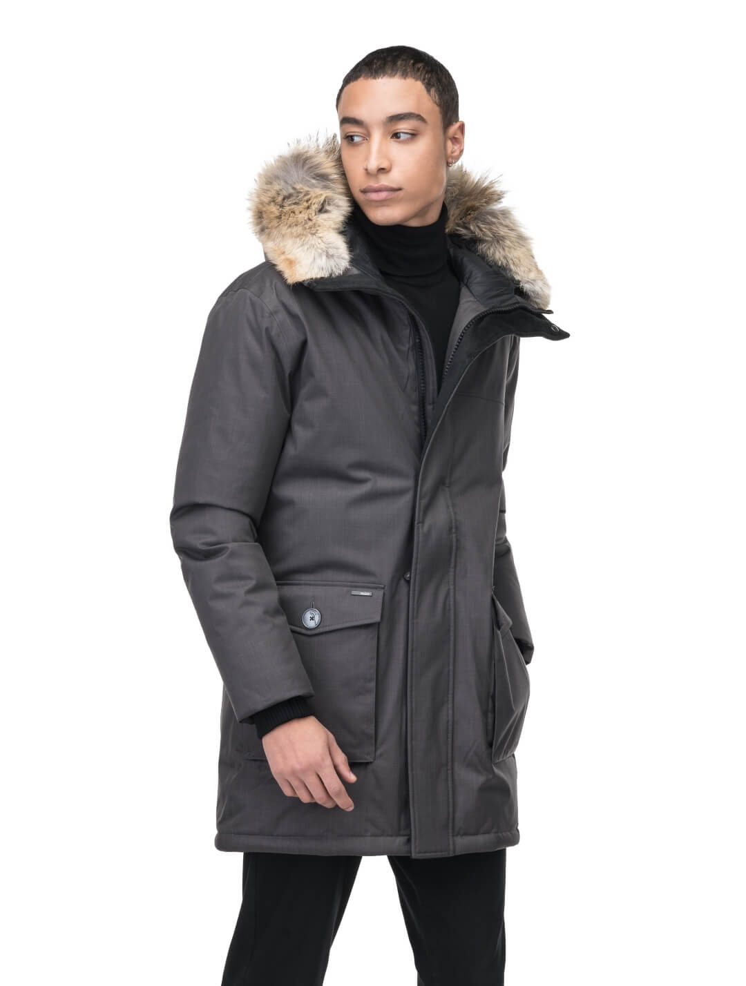 Men's slim fitting waist length parka with removable fur trim on the hood and two waist patch pockets in CH Steel Grey