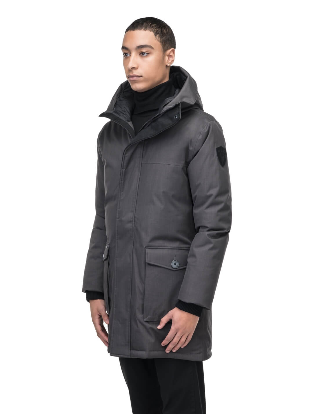 Men's slim fitting waist length parka with removable fur trim on the hood and two waist patch pockets in CH Steel Grey