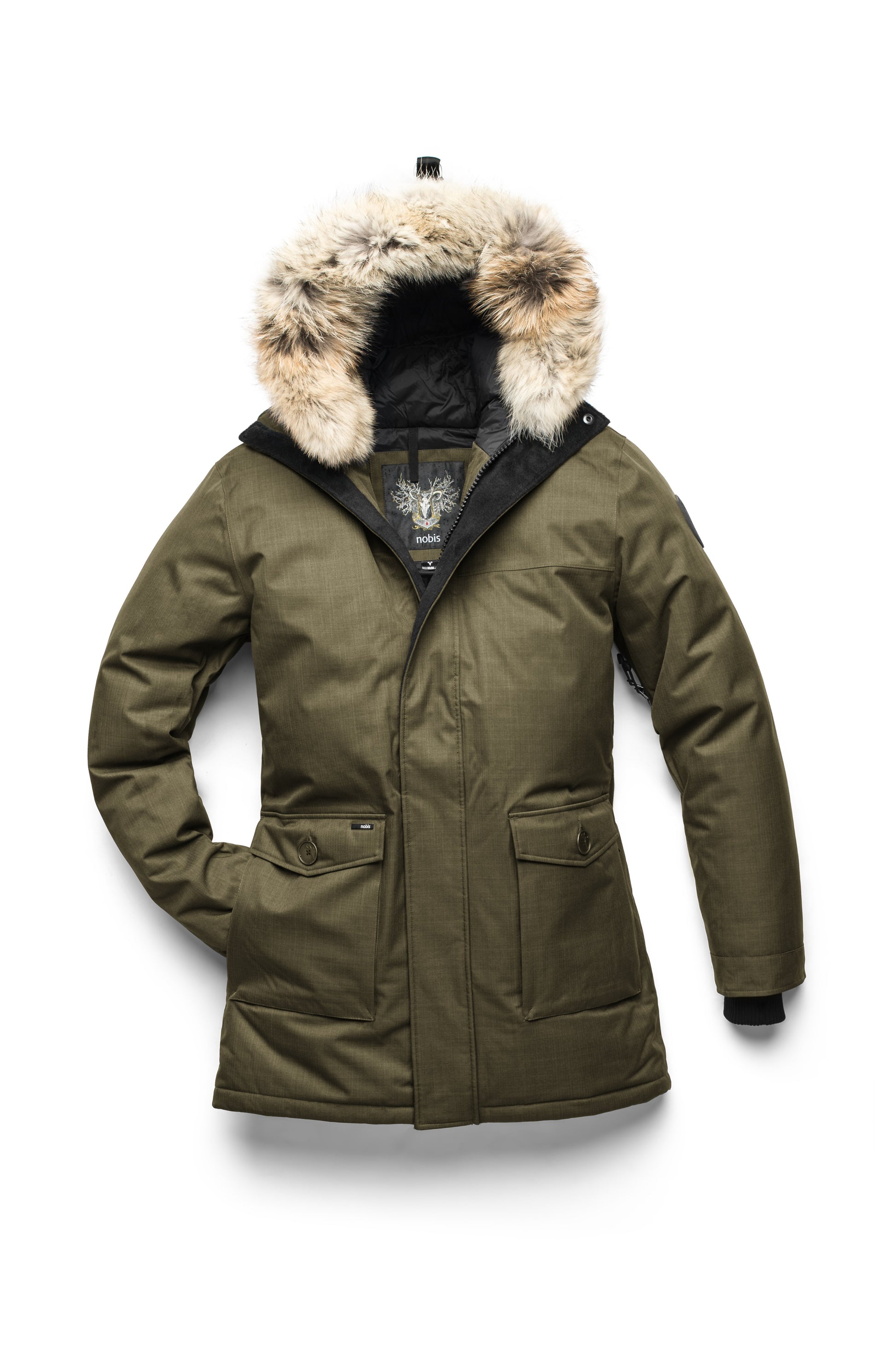 Men's slim fitting waist length parka with removable fur trim on the hood and two waist patch pockets in CH Fatigue