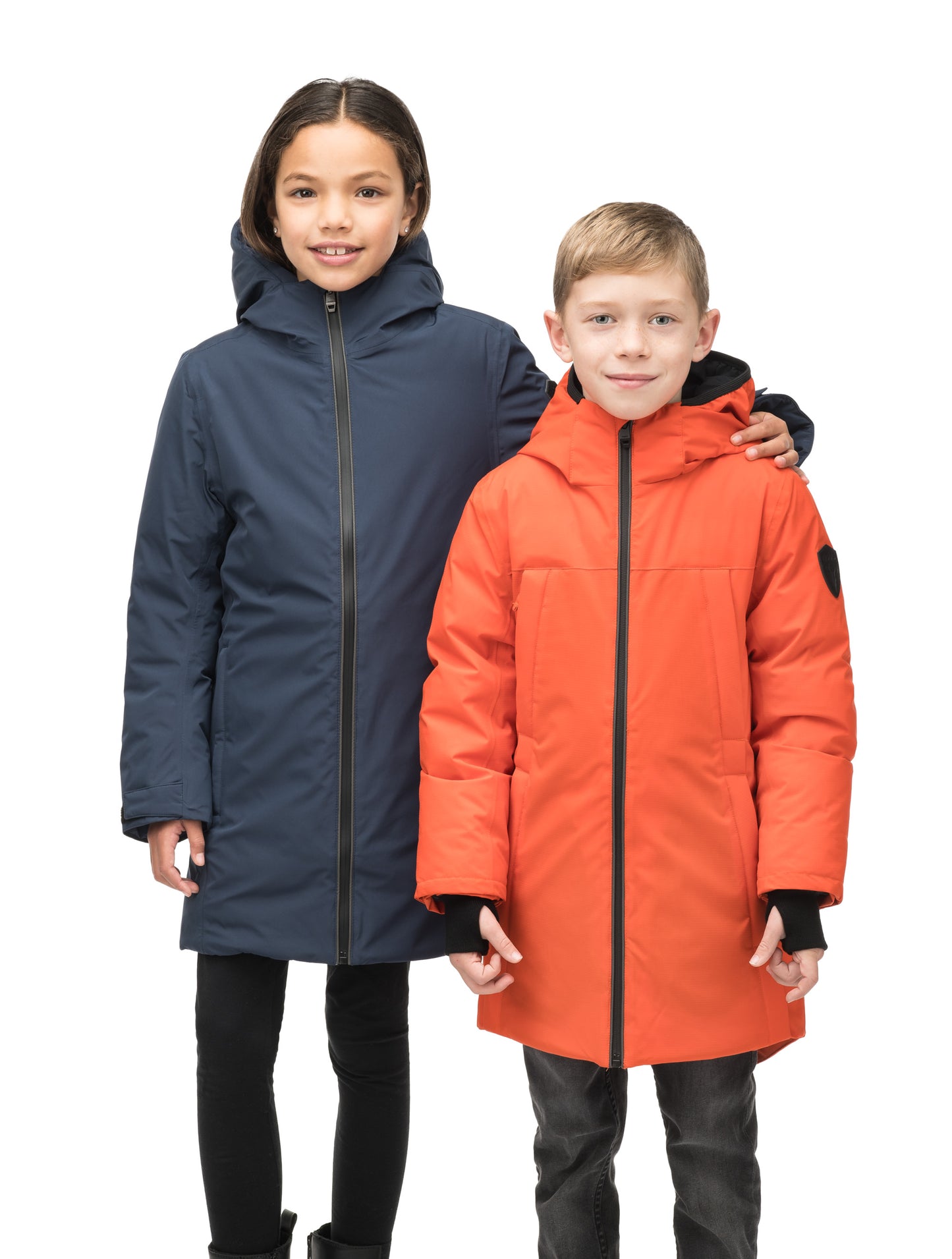 Little Comet Kids Parka in thigh length, Canadian duck down insulation, non-removable hood, two-way front zipper, packable body, in Marine