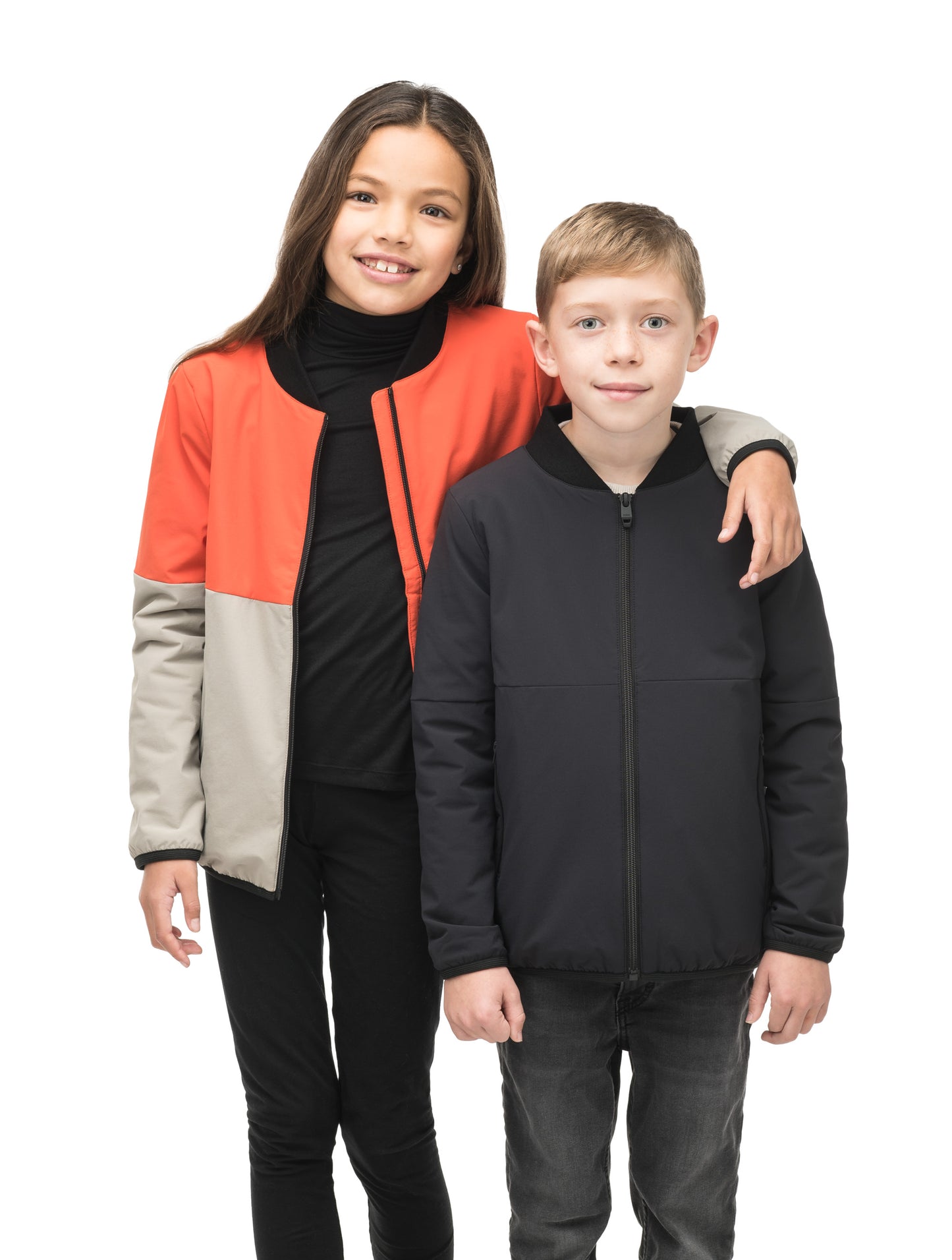 Little Ursa Kids Mid Layer Jacket in hip length, Primaloft Gold Insulation Active, ribbed collar, and two-way front zipper, in Black