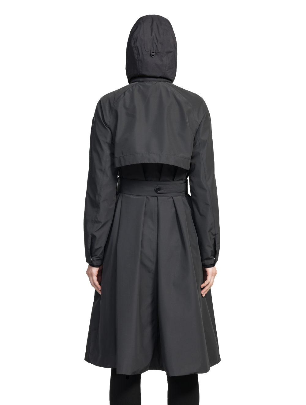 Ivy Ladies Tailored Trench Coat in knee length, 3-Ply Micro Denier fabrication, retractable non-removable hood, front wind flap with snap button closure, removable belt, and adjustable snap cuffs, in Black