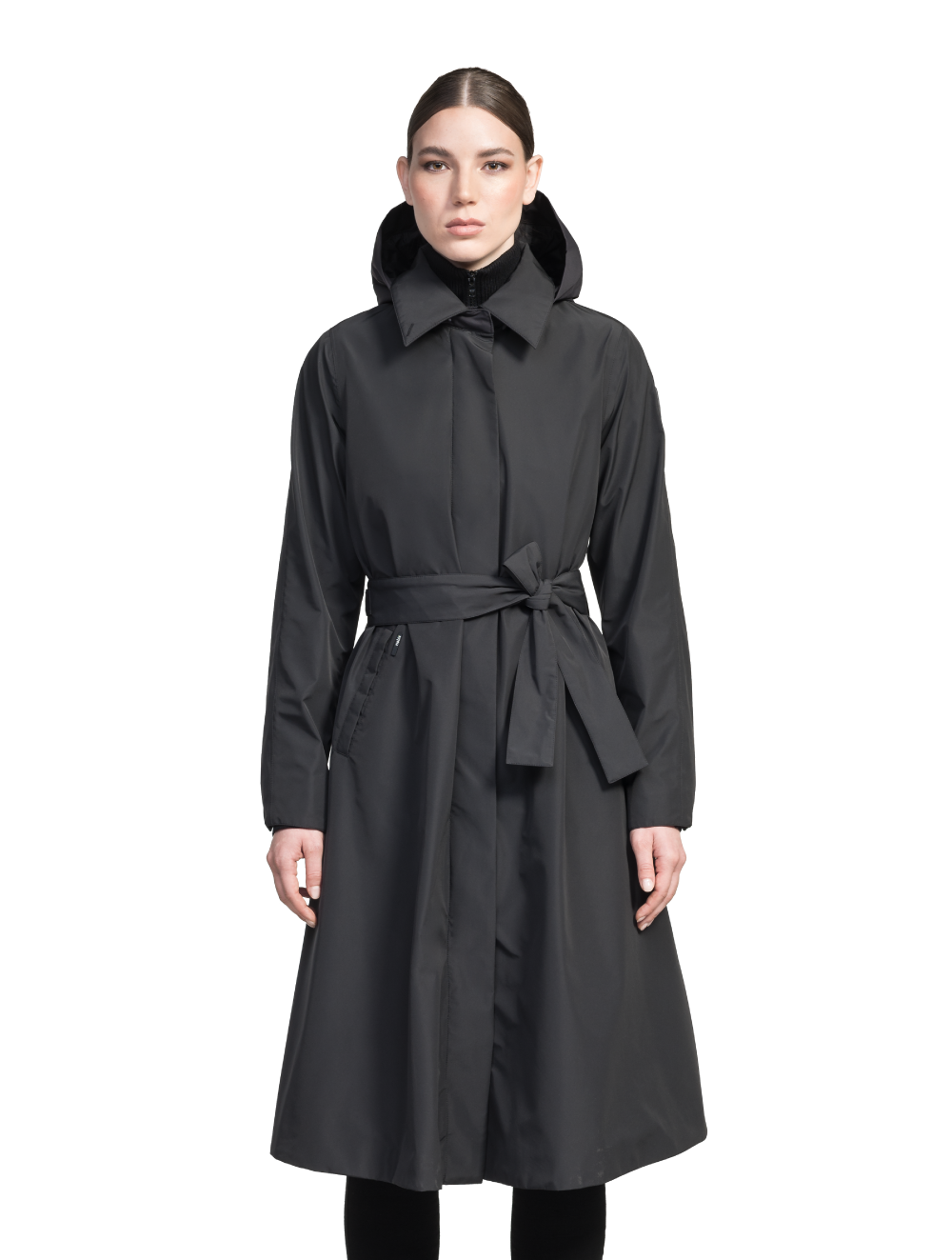 Ivy Ladies Tailored Trench Coat in knee length, 3-Ply Micro Denier fabrication, retractable non-removable hood, front wind flap with snap button closure, removable belt, and adjustable snap cuffs, in Black