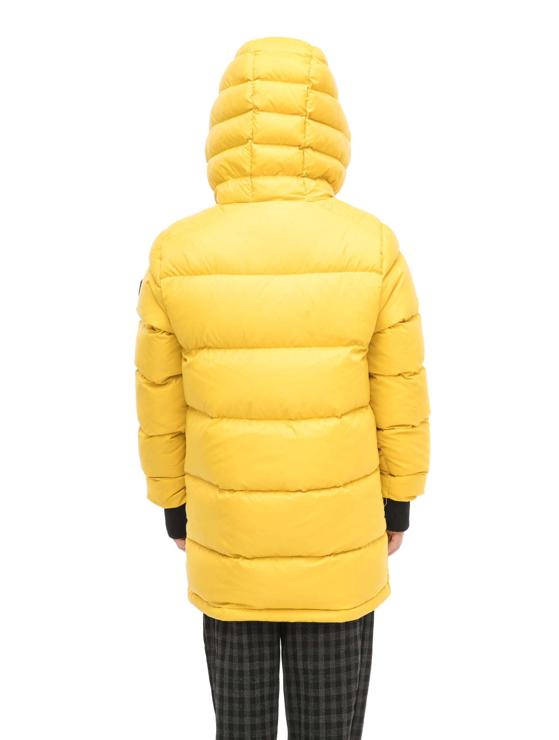 Kids' reversible knee length, down filled parka with waterproof finish in Marine/Citron