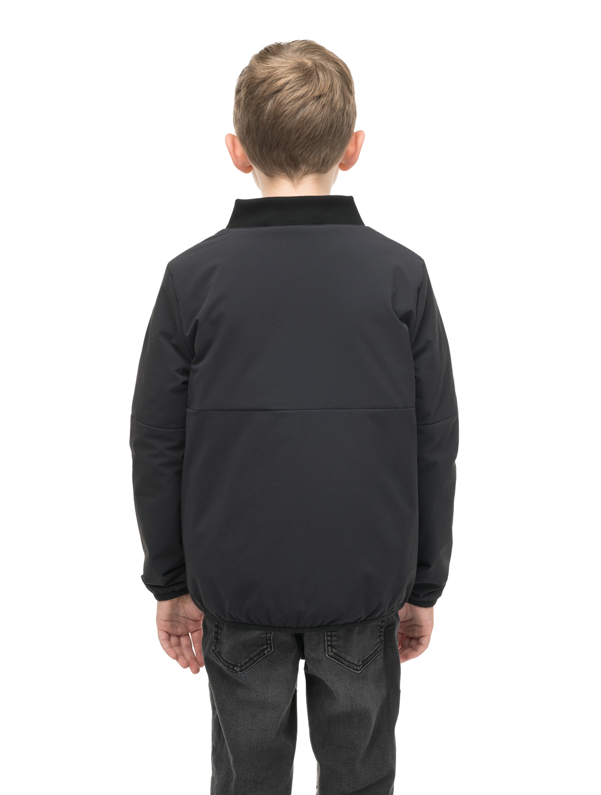 Little Ursa Kids Mid Layer Jacket in hip length, Primaloft Gold Insulation Active, ribbed collar, and two-way front zipper, in Black