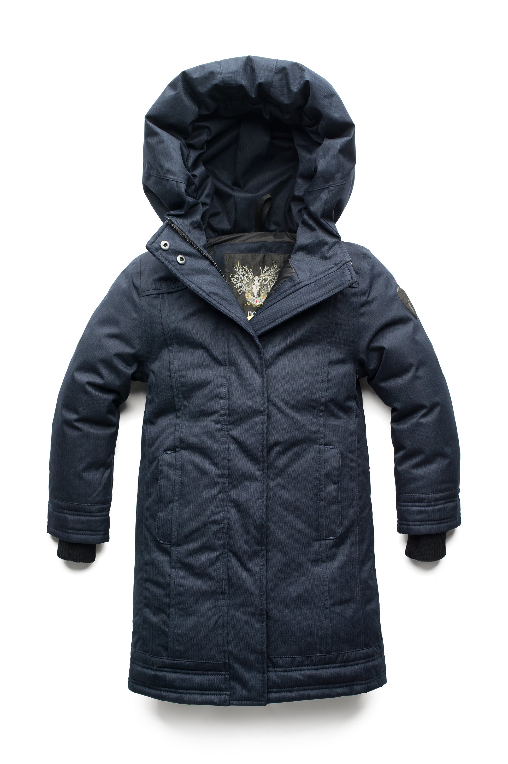 Kid's knee length down coat with fur free hood in Navy