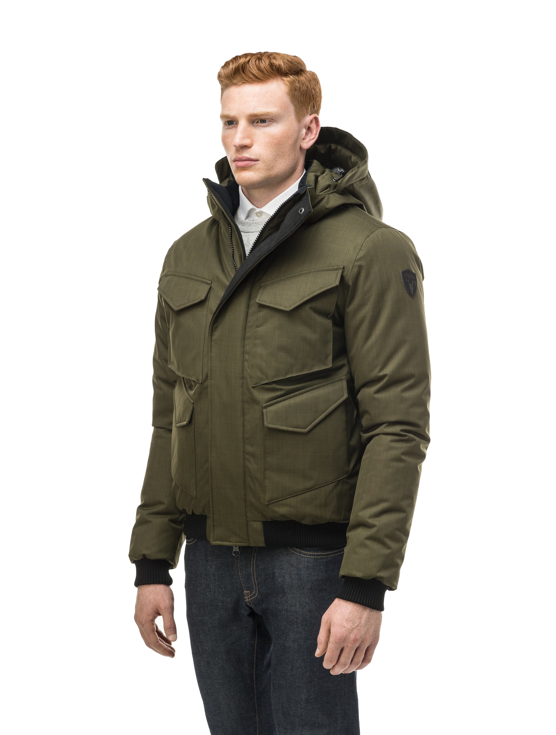 Men's sleek down filled bomber jacket with clean details and a fur free hood in CH Fatigue