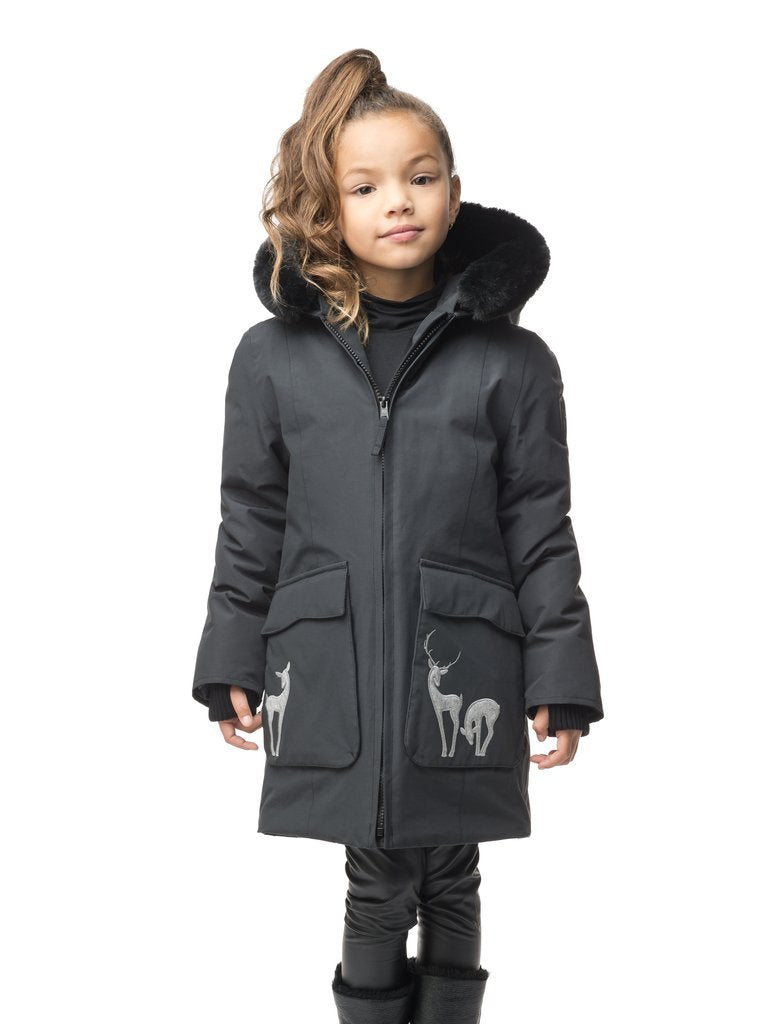 Kid's knee length down filled parka with deer applique detailing on the front patch pockets in Cy Black