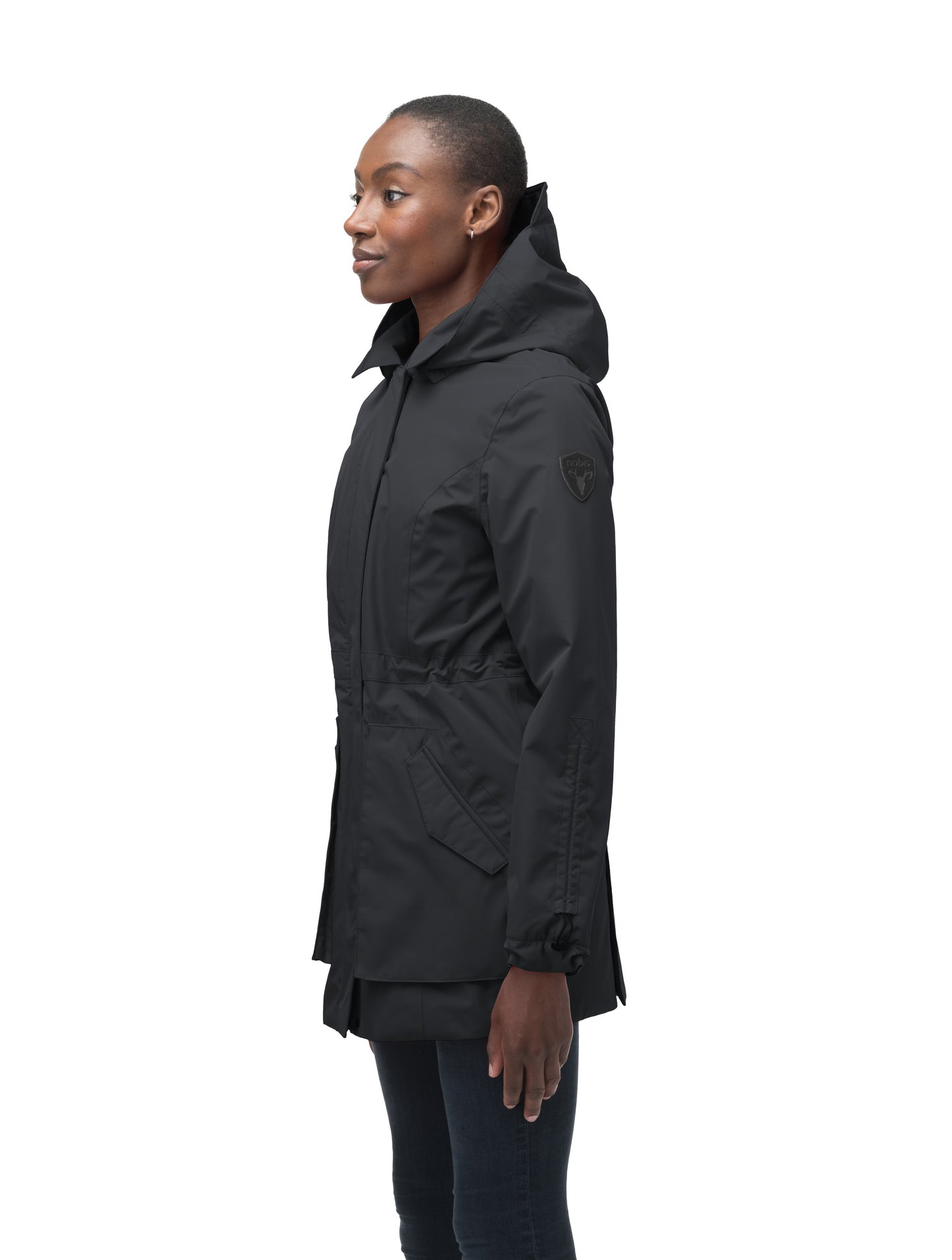 Women's thigh length raincoat with collar and non-removable hood in Black