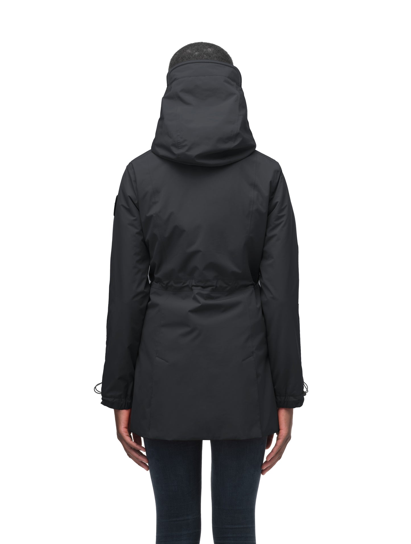 Women's thigh length raincoat with collar and non-removable hood in Black